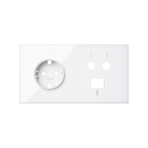 Front kit for 2 elements with 1 Schuko socket base, 1 unique R-TV+SAT socket with 1 RJ45 6 UTP connector glossy white Simon 100 with reference 10020208-130 from the brand SIMON